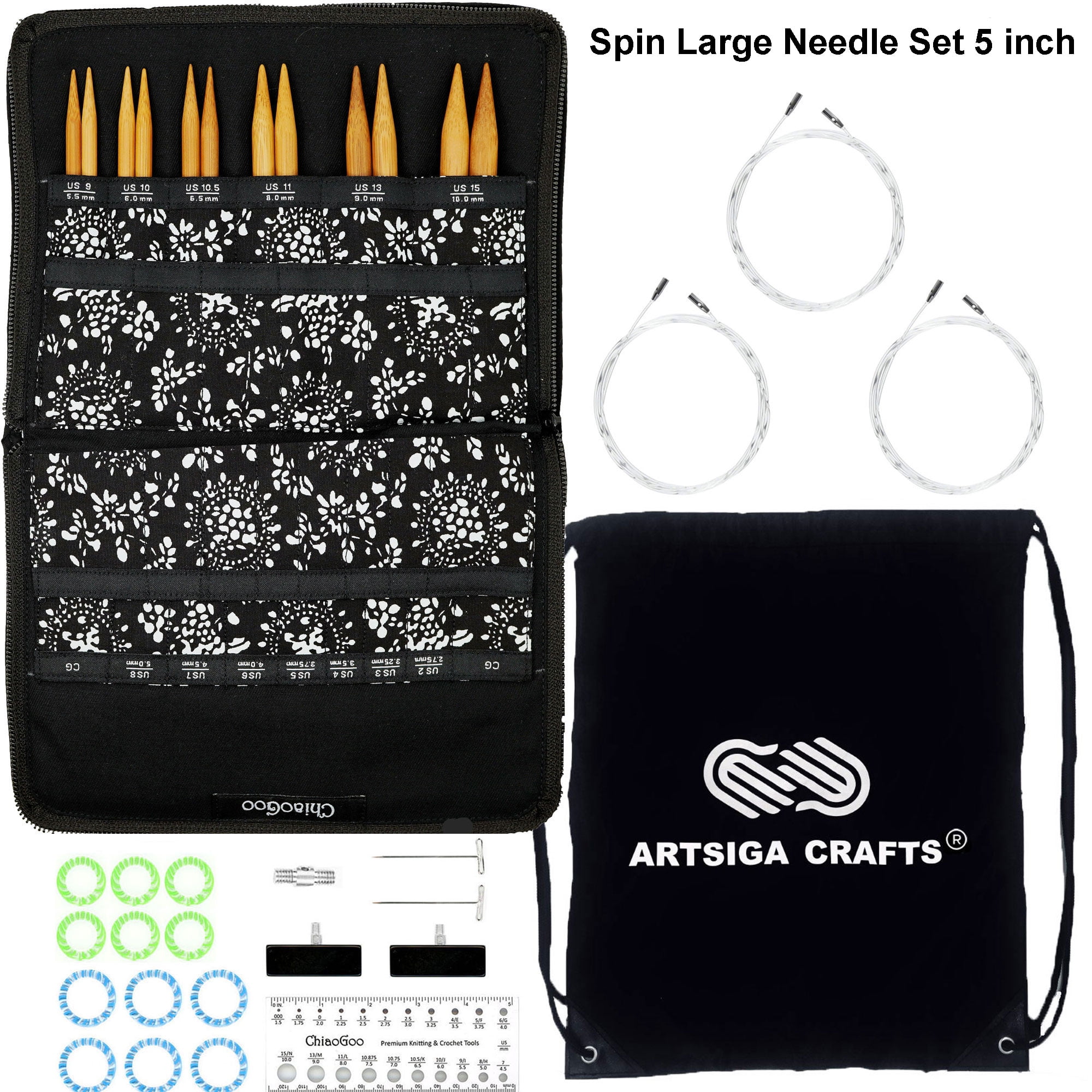 ChiaoGoo Knitting Needles Interchangeable Spin Bamboo Large 5Inch Needle Set Bundle with 1
