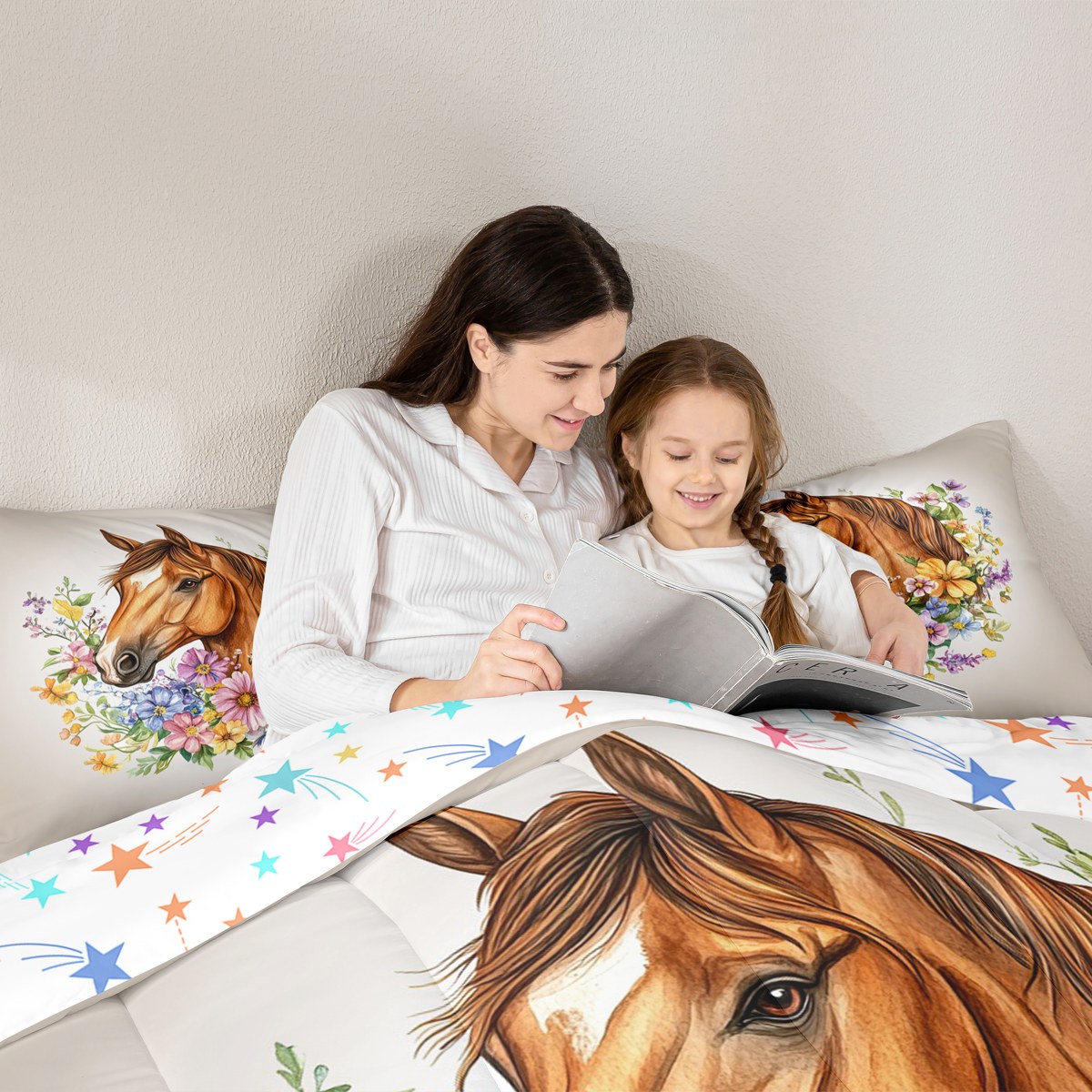 jejeloiu Farm Animal Horse Twin Bedding Sets 7-Piece,Colorful Rustic Flower Bedding Comforter Set,Western Farmhouse Sheet Sets For Teens,Luxury Bedroom Decor Reversible