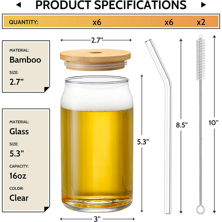 6Pcs Set ] Glass Cups With Bamboo Lids And Glass Straw - Beer Can Shaped  Drinking Glasses, 16