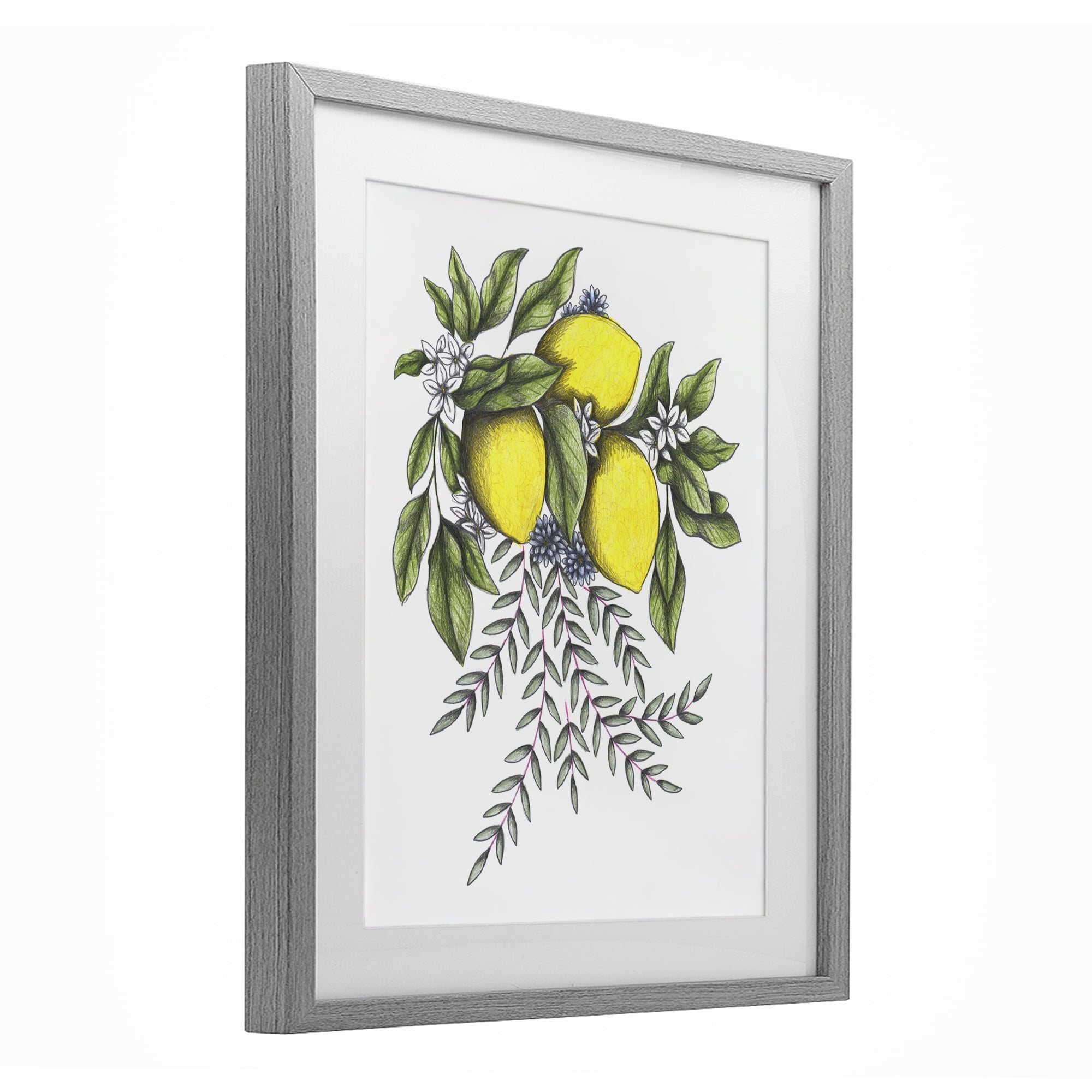Lemons & Flowers Vintage Sketch Gray Framed Print Under Glass, design by Cecilia Battaini