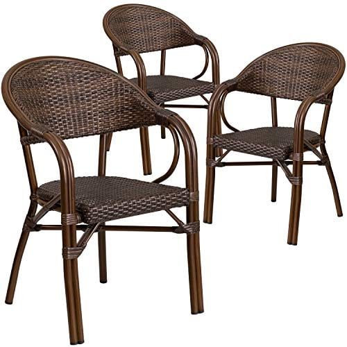 Flash Furniture 3 Pack Milano Series Bark Brown Rattan Restaurant Patio Chair with Bamboo-Aluminum Frame