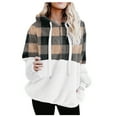 thumbnail image 2 of Sherpa Hoodies for Women 1/4 Zip Fuzzy Oversized Hoodie Plaid Patchwork Color Block Double Fleece Jacket Half Zip Pullover Sweatshirts Outwear, 2 of 4