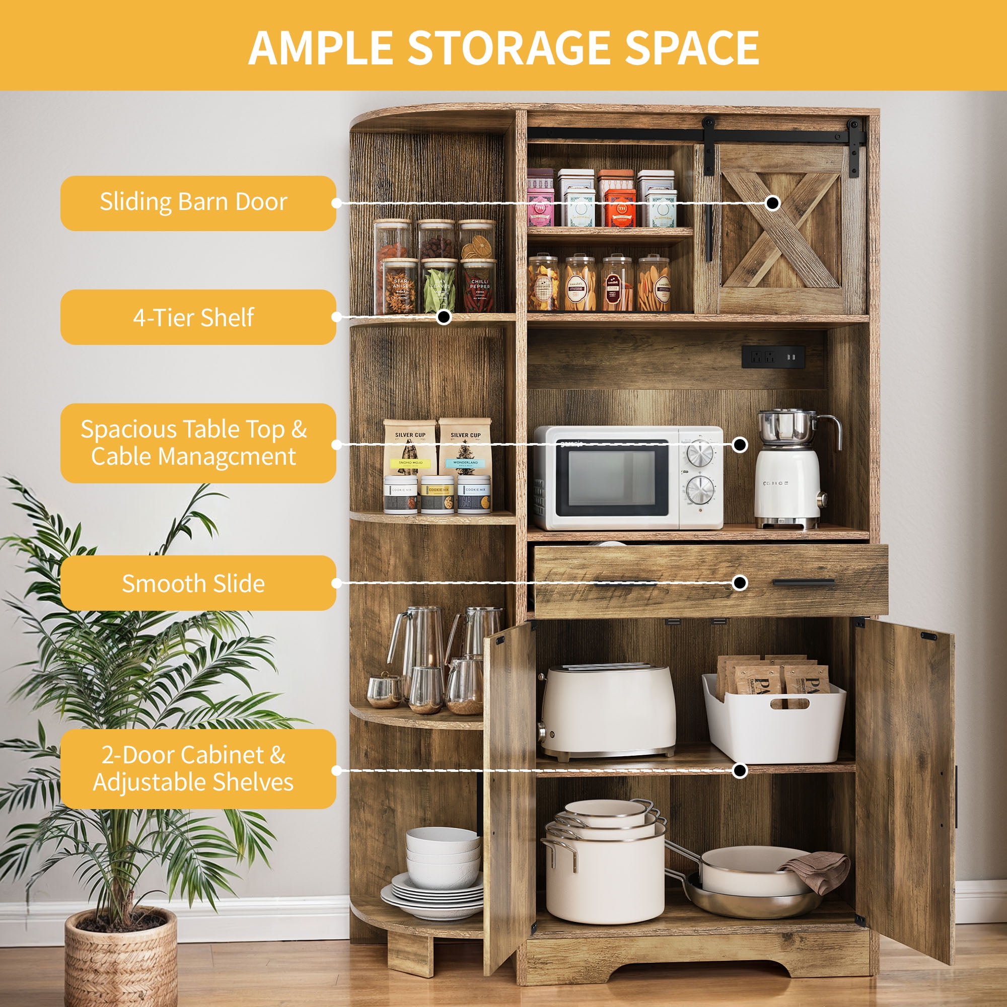 DWVO 67" Farmhouse Pantry Storage Cabinet with Power Outlet ,Large Kitchen Pantry Buffet with Adjustable Shelves， Freestanding Hutch Cabinet with Doors & Microwave Shelf, Coffee Bar, Cupboard