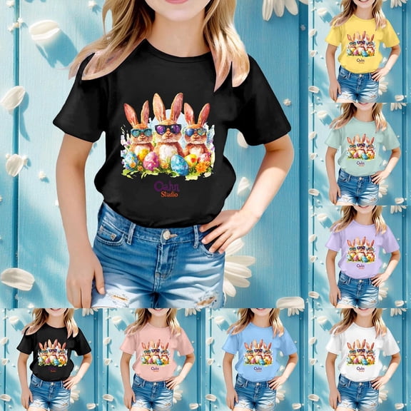 LRen Girls Easter Shirt Size 12 Bunny Eggs Short Sleeve T Shirt Top Happy Easter Easter's Day Tee Shirt Tee for Toddler & Kids