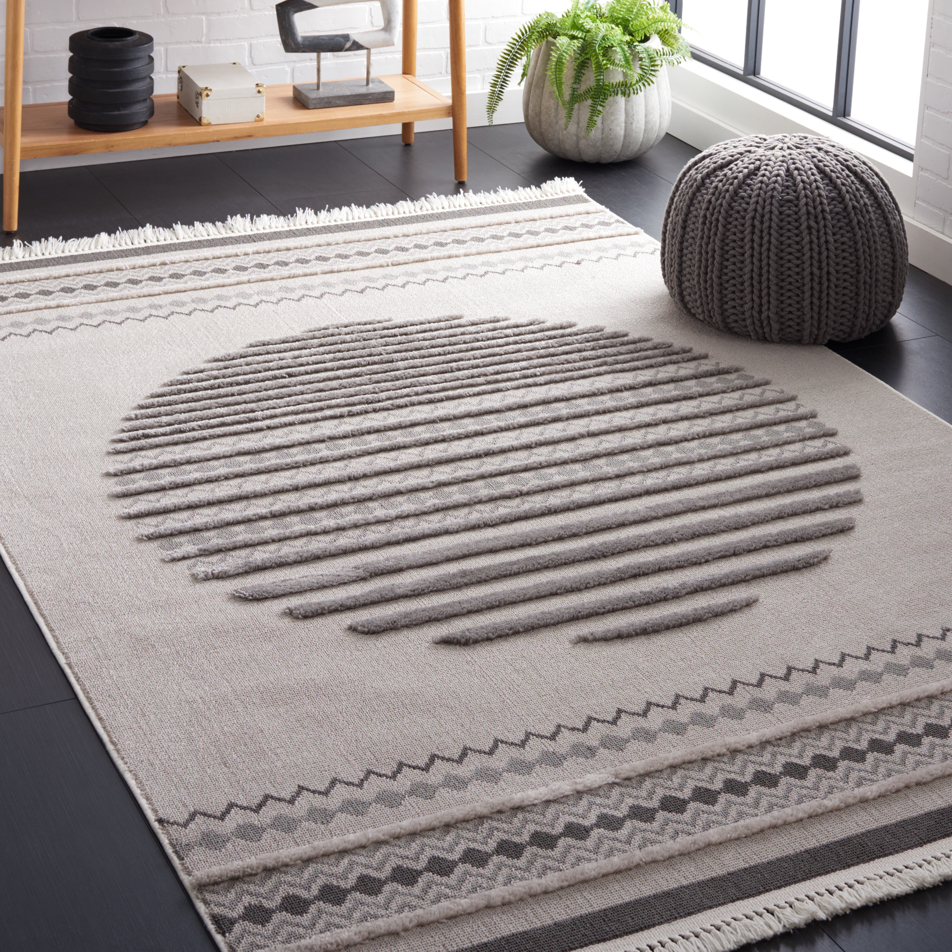 SAFAVIEH Urban Thornton High Low Circle Striped with Fringe Area Rug, Grey/Light Grey, 6'7" x 6'7" Square