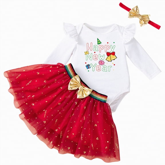 CAICJ98 Newborn Infant Baby Girls New Year Outfits Letter Print Long Sleeve Romper Tutu Dress Headband 3PCS Spring Fall Clothes Set (White,9-12 Months)