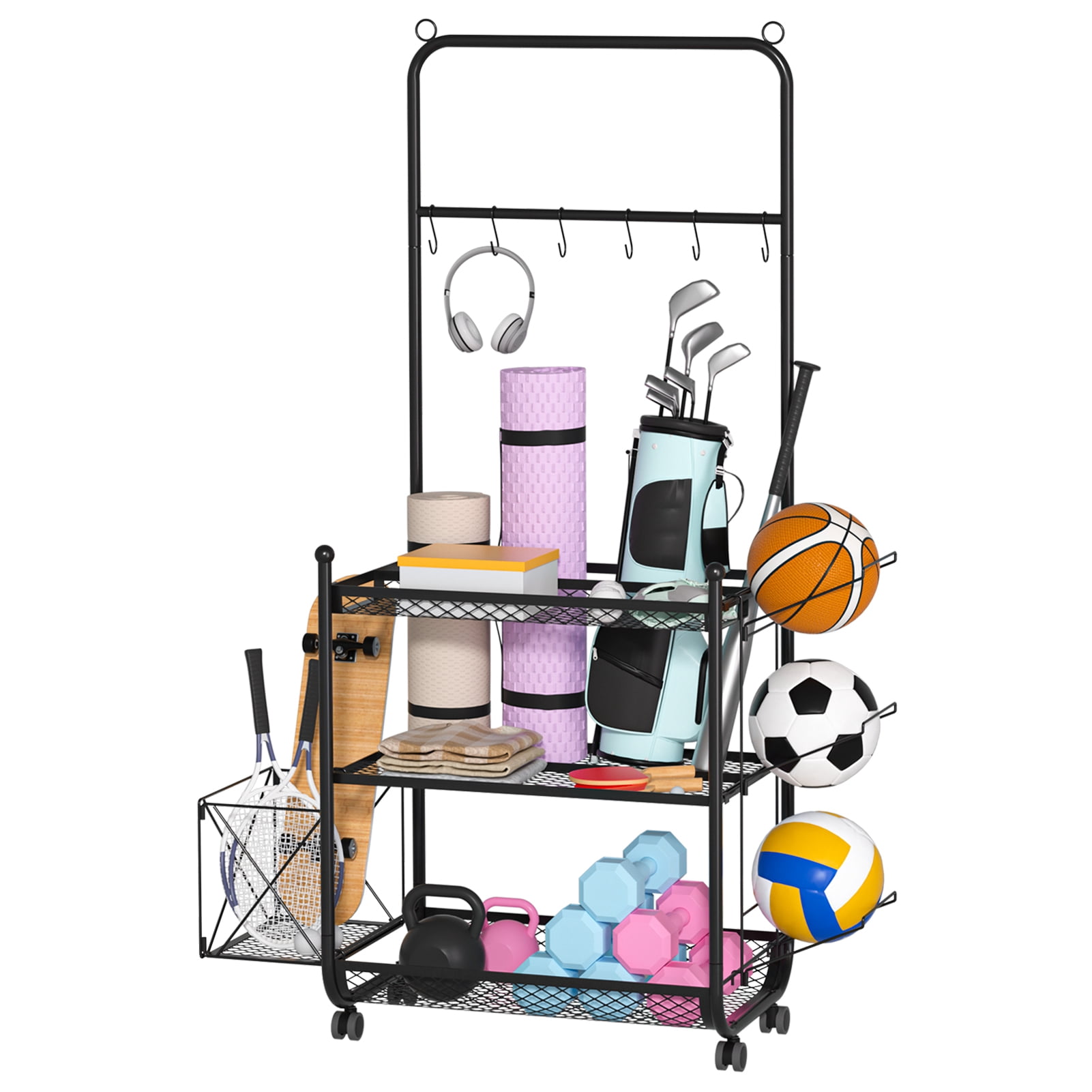 ziertyon Dumbbell Rack,Blacksmith Weight Rack for Dumbbell,Sports Equipment Organizer with Wheels and Hooks,Black