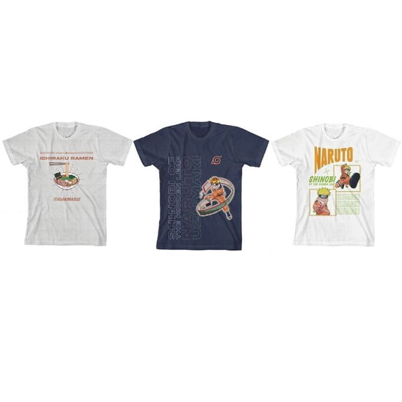Naruto Ramen & Action Pose Boy's 3-Pack Crew Neck Short Sleeve T-shirt Set-Large (10/12)