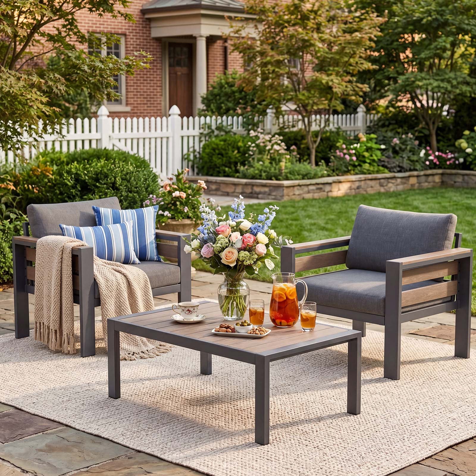 ABORON Patio Furniture Set, Patio Conversation Sets Sectional Sofa with 27" Deep Seating, 2-Seater Outdoor Patio Furniture Set w/ Coffee Table and All-Weather Thick Cushion, Easy Assembly