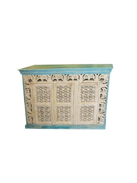 Mogul Ivory Blue Intricate Carved Vintage Sideboard Beautiful Floral Carving Cabinet Chest Buffet Urban Farmhouse Design