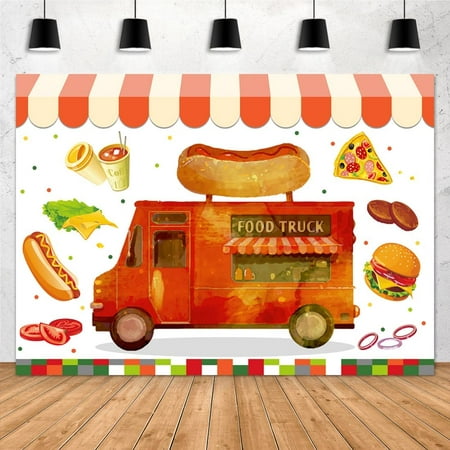 Image of 7x5ft Food Truck Party Backdrop - Hot Dog Pizza Hamburger and Coffee Shop Photography Background for Birthdays and Celebrations
