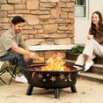 thumbnail image 6 of 32 Inch Round Fire Pit with Mesh Cover, Fire Poker, Star and Moon Design, Metal Wood Burning Outdoor Firepit for Patio, Backyard, Garden, Bonfire Party, Perfect for Thanksgiving, Halloween, 6 of 7