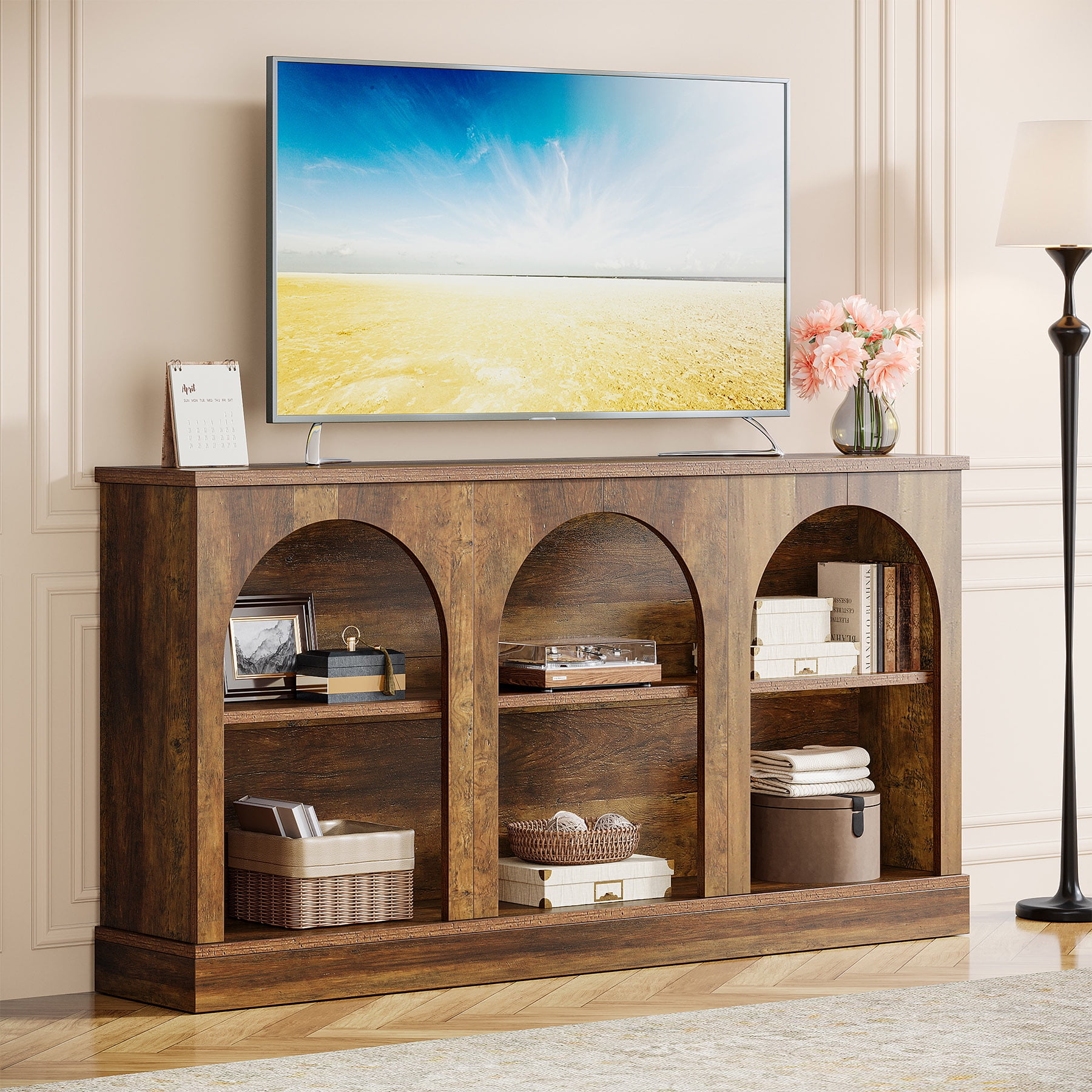 Tribesigns Farmhouse TV Stand for 55/60/65 Inch TVs, Entertainment Center with Storage Cabinets, Rustic Brown