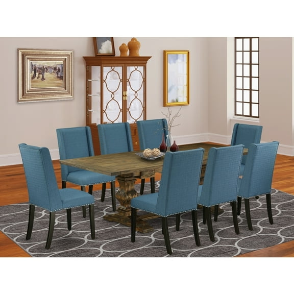 9-Piece Dining Set - Wood Table & 8 Linen Chairs - Black & Distressed Finish