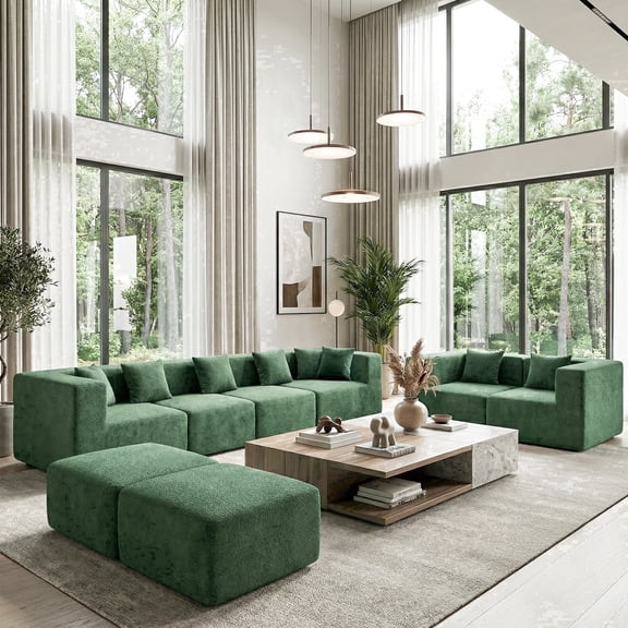 BEHOST 130" 8-Piece Modular Sectional Sofa with Ottomans, U-Shaped Pit Couch for Living Room, Modern Teddy Fabric Cloud Couch Set, Large Sleeper Sofa with Deep Seats, Forest Green