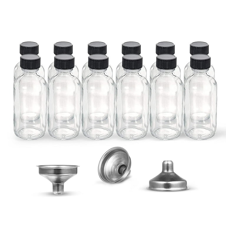 12, 2 Oz Small Clear Glass Bottles (60ml) With Lids & 3 Stainless Steel  Funnels - Boston Round Sample Bottles - Mini Travel Bottles, No Leakage
