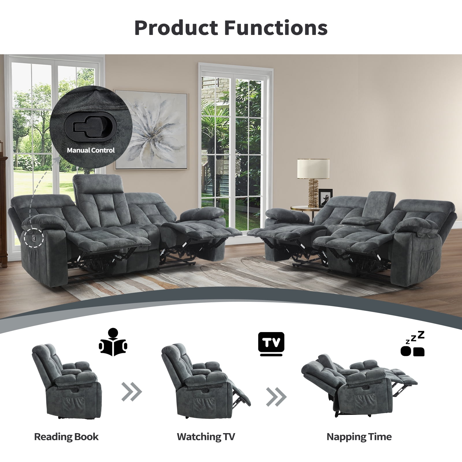Bonzy Home 2-Piece Recliner Sofa Set — Reclining Loveseat & Extra-Wide 3-Seat Bonded Fabric Sofa, Grayish Green