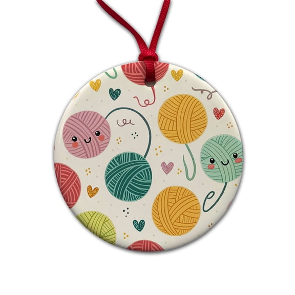 Kawaii Yarn Balls Knitting Crochet Christmas Tree Holiday Round Ceramic Ornament