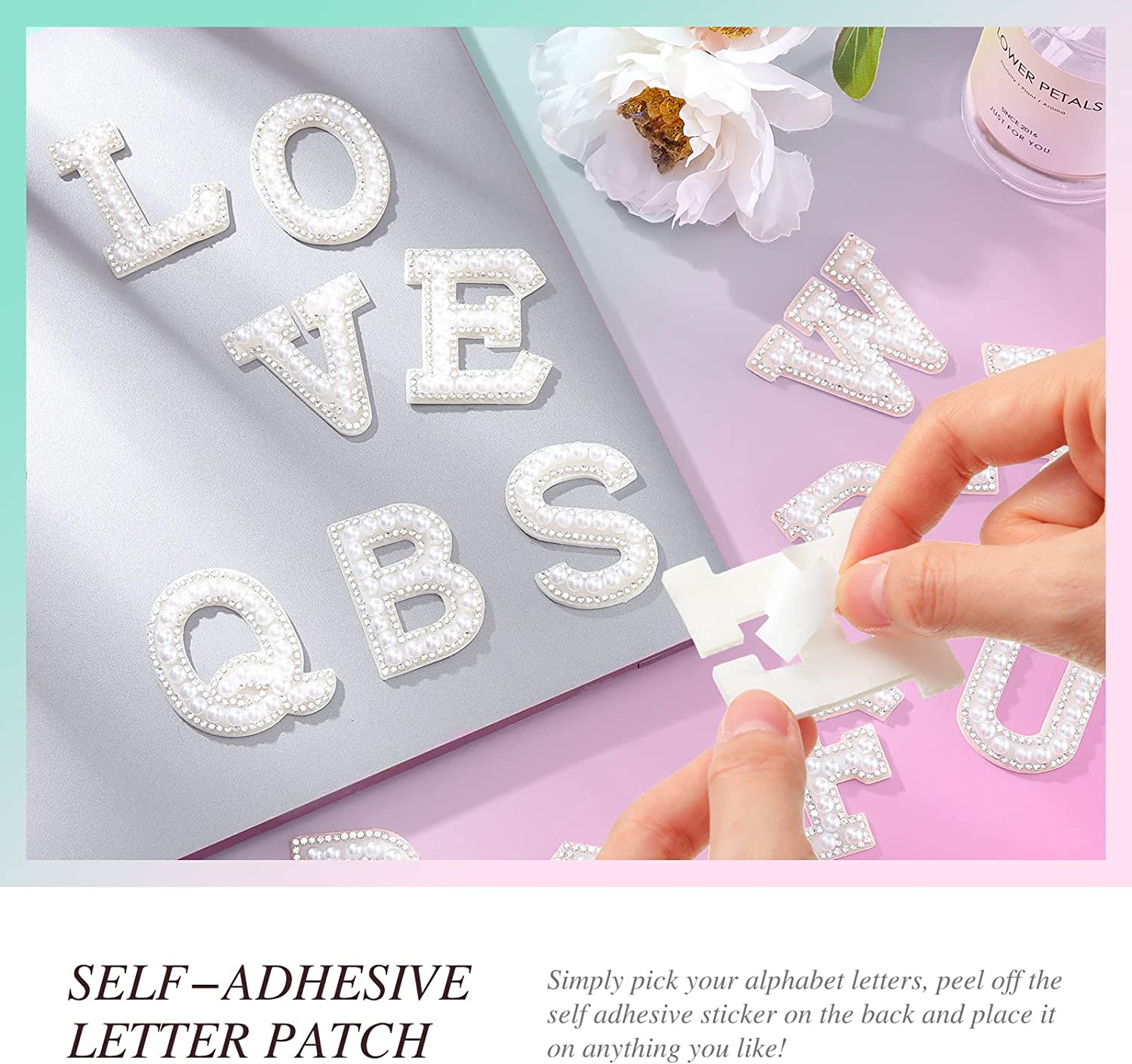 52 Pieces Self Adhesive Pearl Rhinestone Letter Patches A-Z Bling Rhinestone Letter Stickers Glitter Alphabet Appliques Sticker for DIY Clothes Bags Hats Phone Backpacks(White)