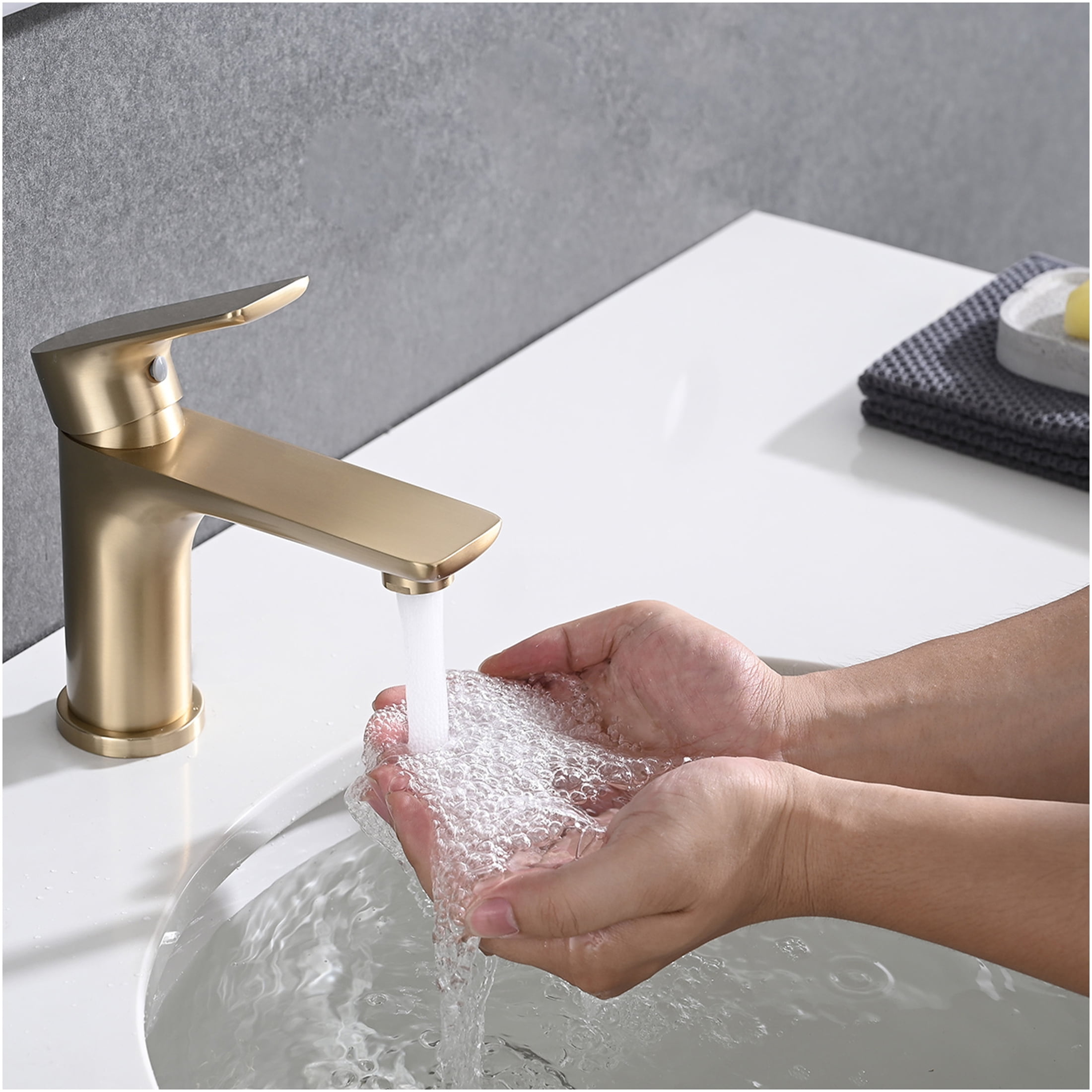JERFIT Modern Single Hole Bathroom Faucet in Brushed Gold, Solid Brass Vessel Sink Mixer Tap with Lever Handle, Lead-Free