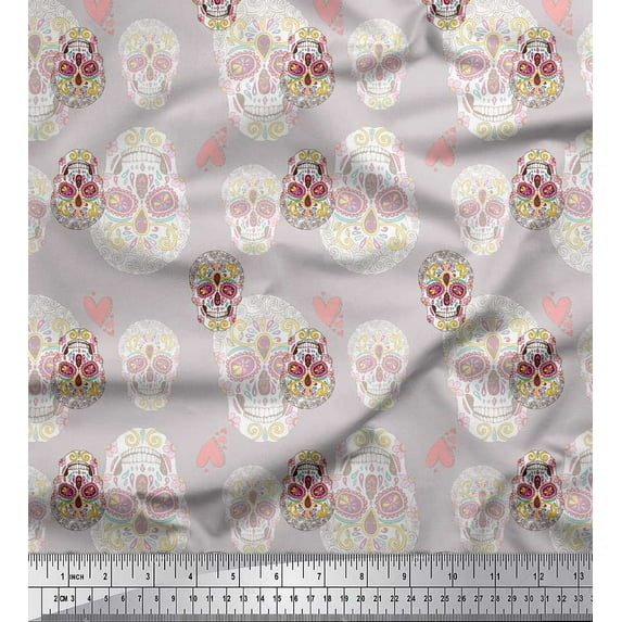 Soimoi Gray Rayon Fabric Artistic Colorful Skull Printed Fabric 1 Yard 56 Inch Wide