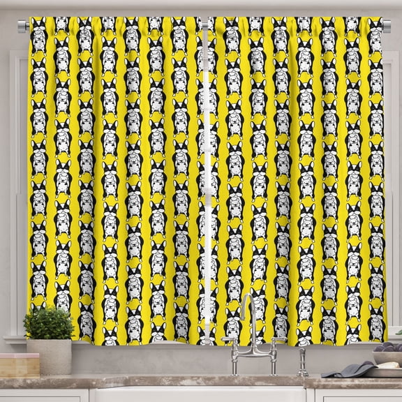 Ambesonne Dog Kitchen Curtains, French Bulldog Puppy Cartoon, 55"x39", Yellow Black and White