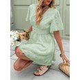 thumbnail image 5 of Green Women Summer Textured Lace V-Neck Short Sleeve Waisted A-Line Dress With Ruffle Sleeves, 5 of 6