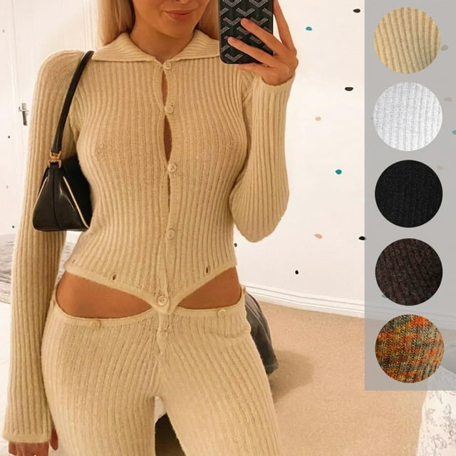 Suéter de mujer de otoño e invierno con hebilla de manga larga y dos monos de lana