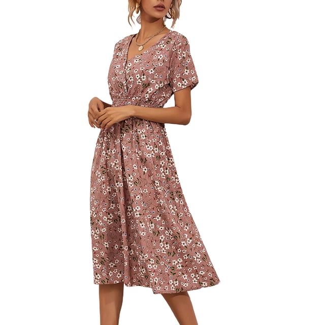 Txlixc Vestido de Verano para Mujer, Estampado Floral Cuello en V Manga Corta Falda Casual de Cintura Delgada para Damas, 9 Colores Txlixc Estilo de ocio