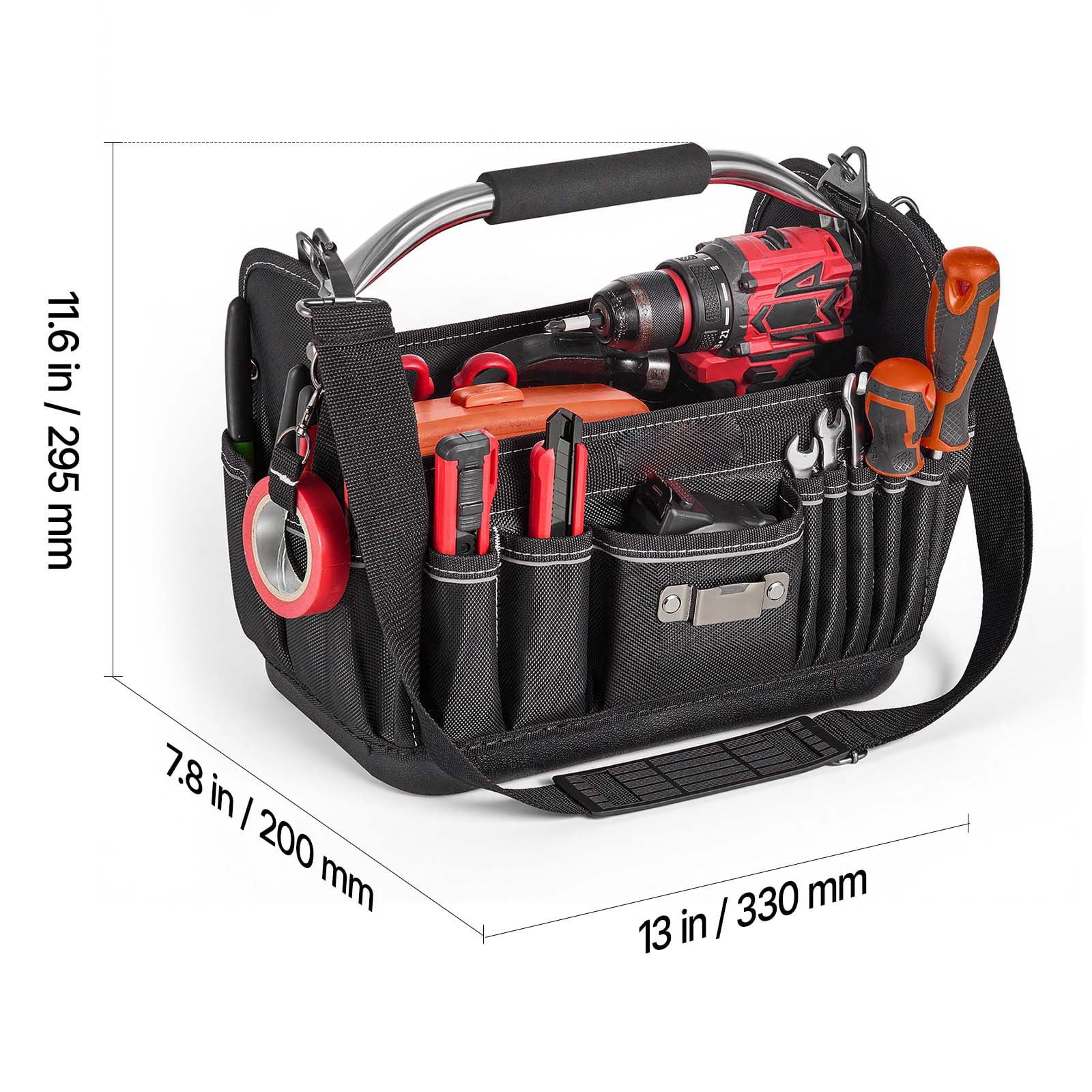 Tool Bag, 13 Inch, 33-Pocket Open Top Tool Tote, Portable Electrical Maintenance Toolbox Organizer Storage with Hard Plastic Base, Adjustable Shoulder Strap, for Professionals DIY & Jobsite Use