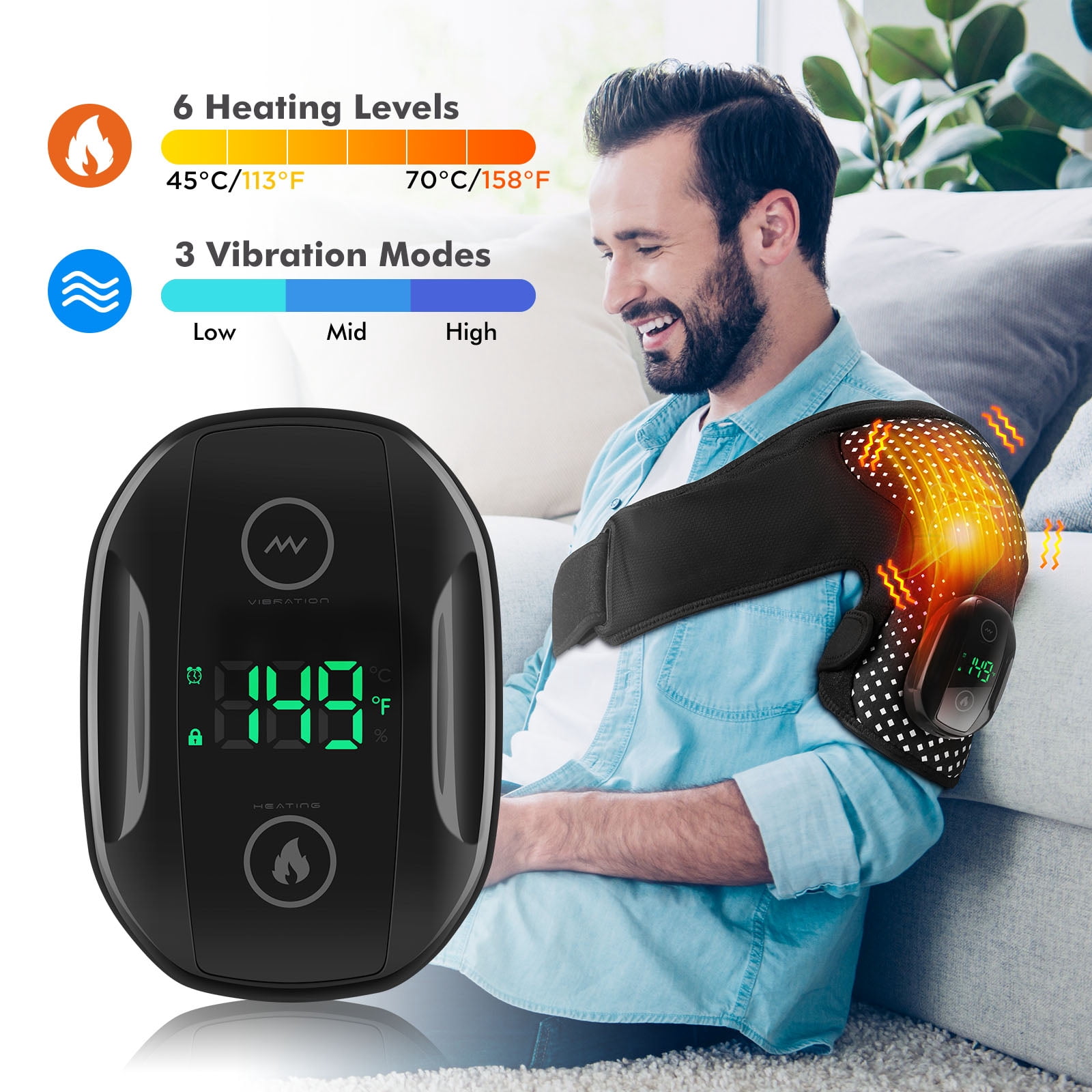Heated Shoulder Brace Cordless Shoulder Heating Pad with 6 Heat Options 3 Vibration Modes for Neck Shoulder Muscle Relax, Rotator Cuff Support Gifts for Men & Women, Black