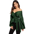 thumbnail image 1 of Blusa cruzada con cuello en V, manga larga y volantes para mujer, 1 of 4