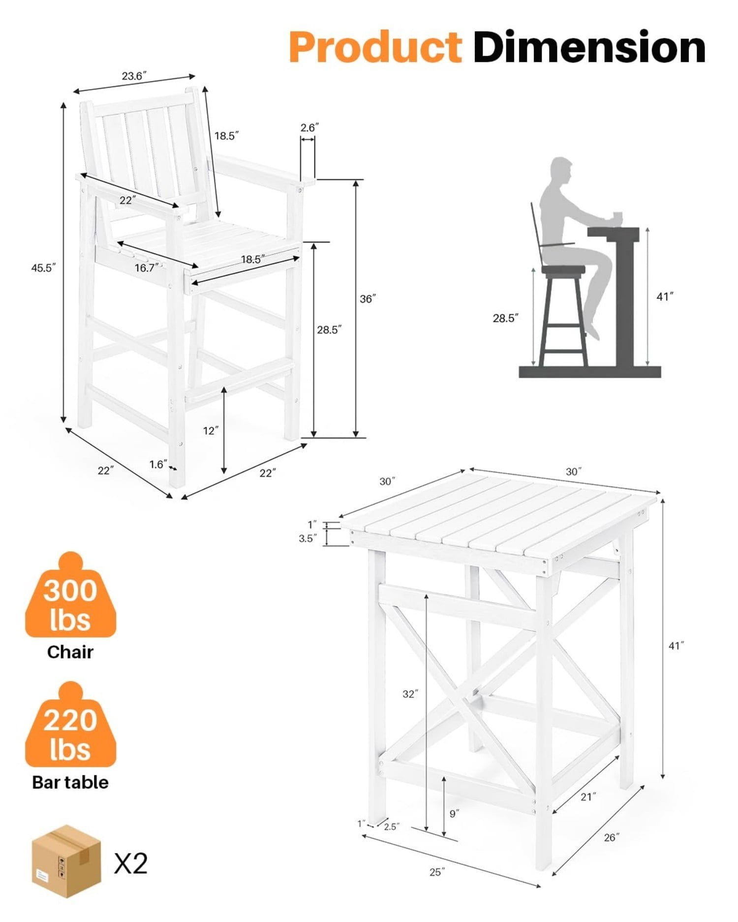 3-Piece Adirondack Bar Table Set, HDPE Outdoor Bar Height Chairs and Table Set, All Weather Patio Bar Furniture for Balcony, Porch, Garden, Poolside, Pearl