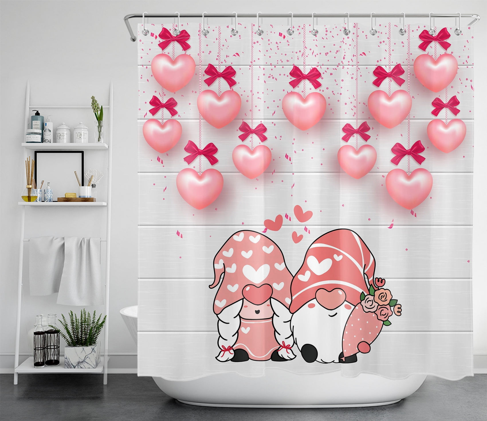 HVEST Valentine's Day Shower Curtain for Bathroom,Gnome on Rustic Wood Plank Decor Accessories
