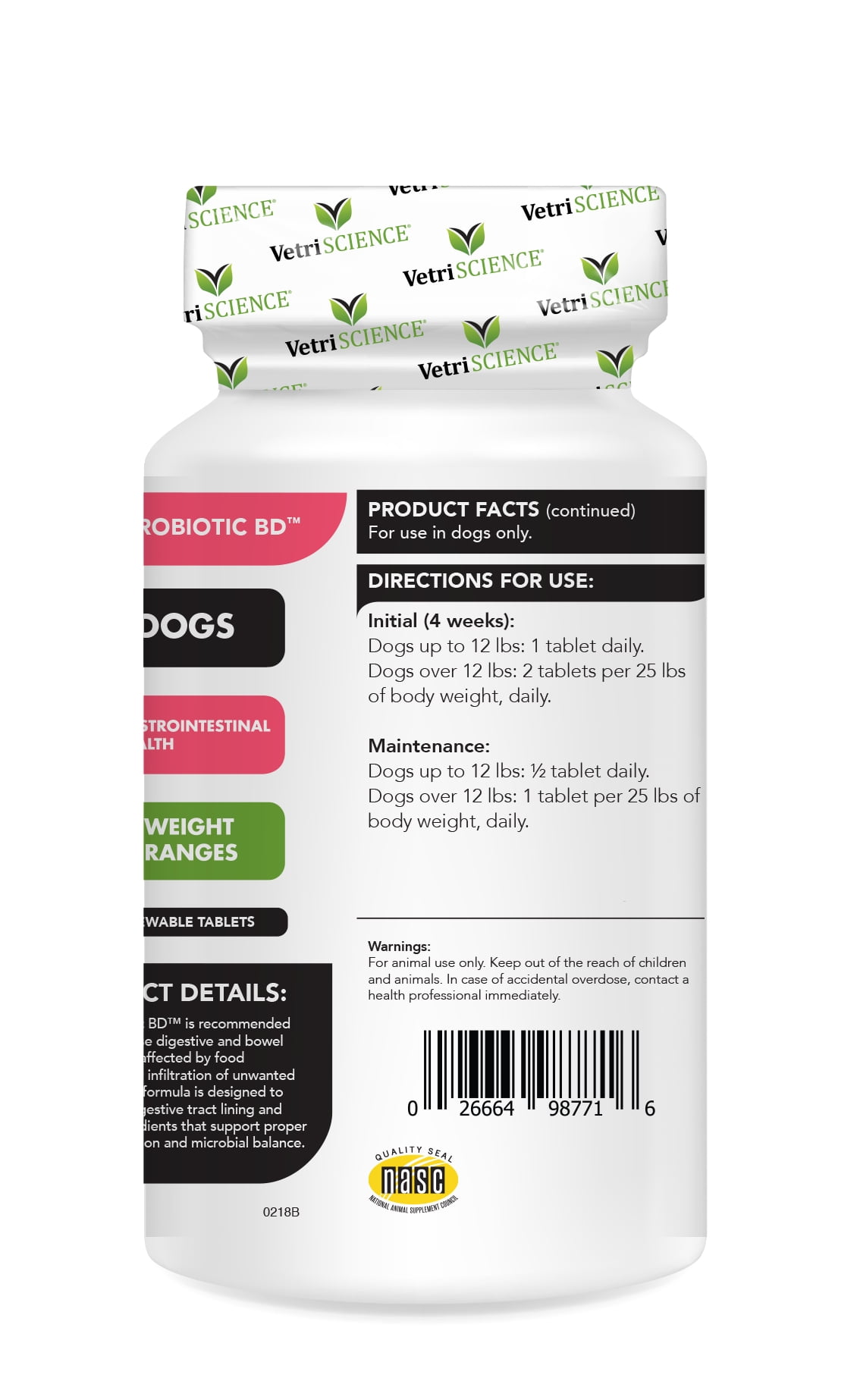 VetriScience Laboratories Vetri Probiotic BD, Digestive Health for Dogs, Chicken Flavor, 120 Tablets