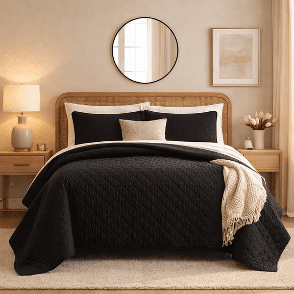 DBOZE Oversized Queen 3 Piece Lightweight Quilt Set Soft Cotton Blend Bedspread with Diamond Embroidery Black