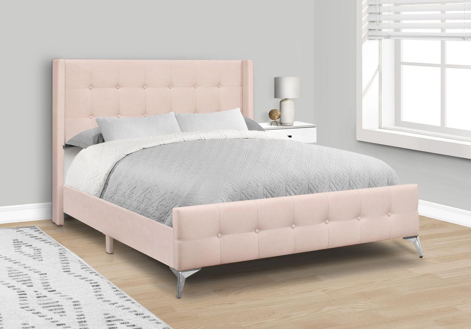 Monarch Specialties Bed, Queen Size, Bedroom, Upholstered, Pink Velvet, Chrome Metal Legs