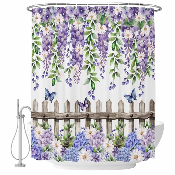Polyester Fabric Spring Purple Flowers Shower Curtain, Farmhouse Leaves Fences Watercolor Waterproof Bathtub Curtain Bathroom Decor Set with Hooks 72 x 84 Inches