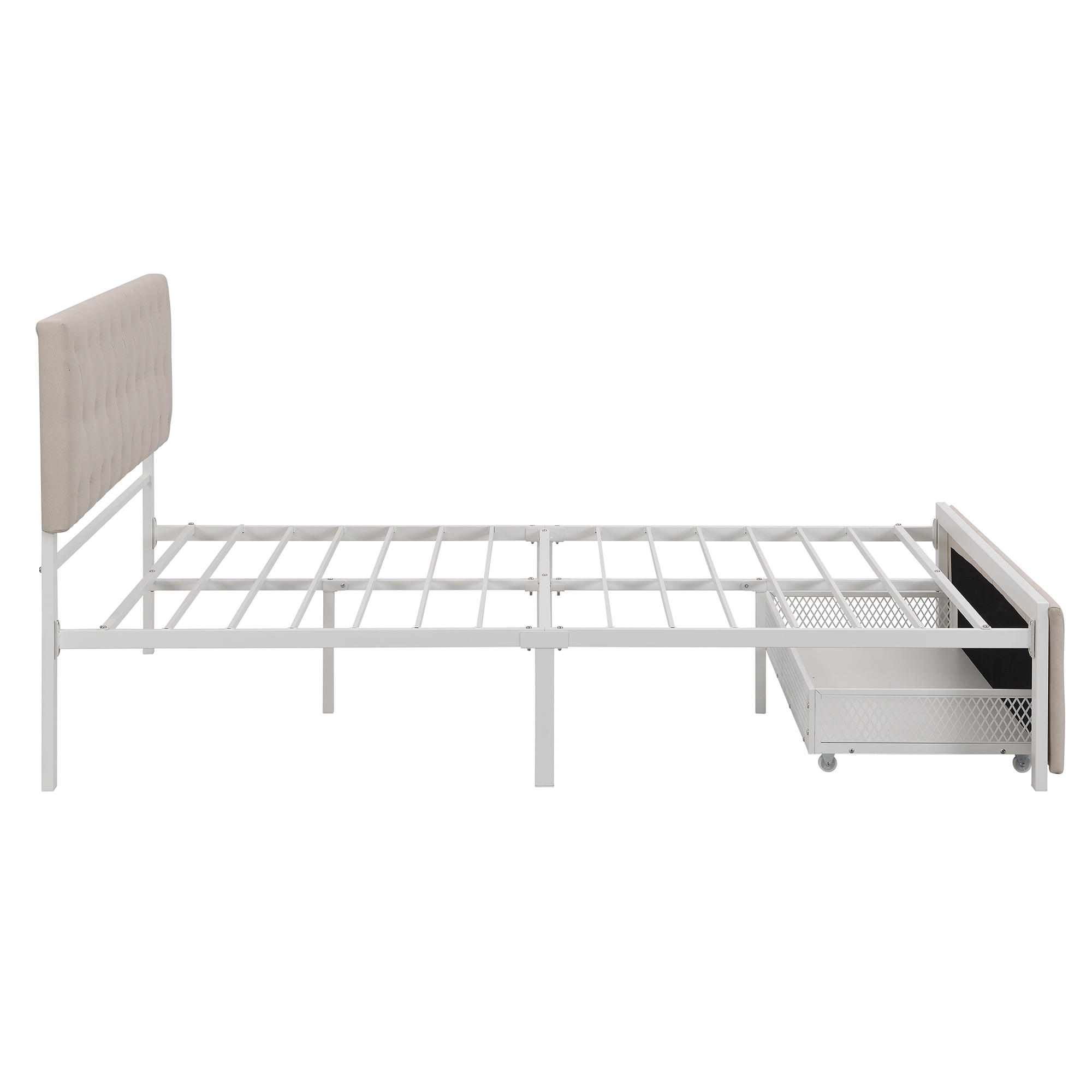 Queen Size Storage Bed, Metal Platform Bed with a Big Drawer, Beige