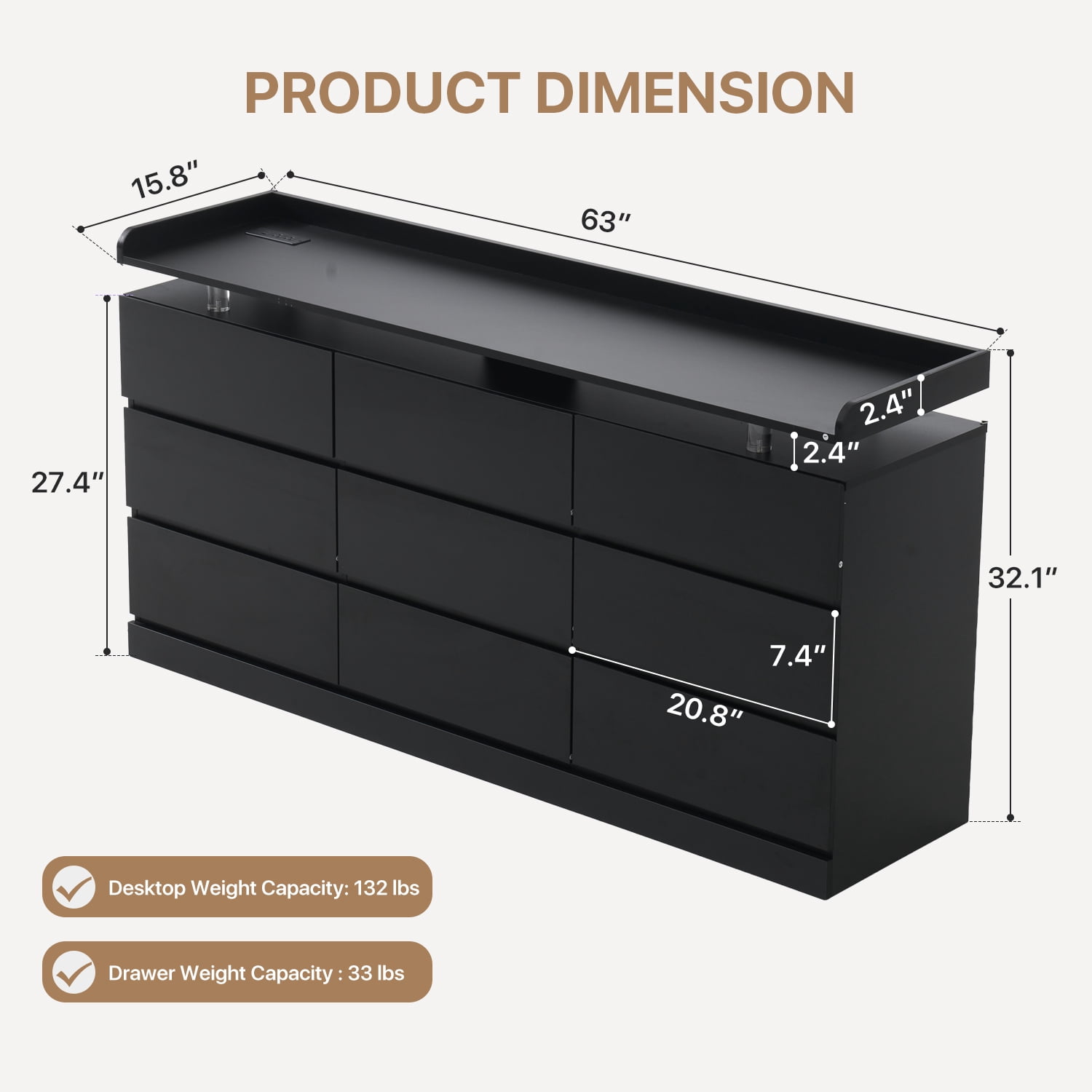 BaPiPro 63-Inch Black 9 Drawer Dresser, Modern High Gloss Chest with LED Light & Glass Tabletop, Large Capacity Storage Cabinet for Bedroom or Living Room