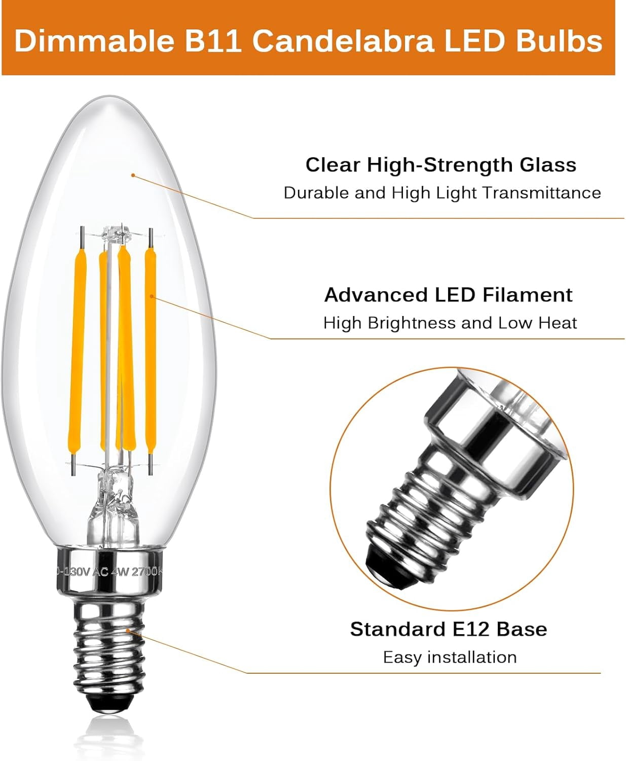 SHAANXIXIAN E12 LED Candelabra Bulbs 40 Watt Equivalent, 2700K Soft Warm White, 470 Lumens, C35 Dimmable LED 4W B11 Ceiling Fan and Chandelier Light Bulb, 6 Pack