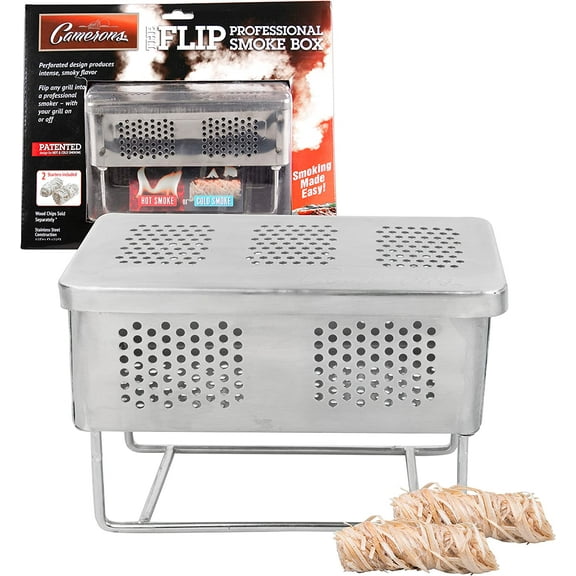 BBQ Smoker Box for Hot & Cold Smoke - "The Flip" Stainless Steel Patented Barbecue Smoke Box w Fire Starters - Infuse Smoke Flavor with Your Grill On or Off - Smoke Meat, Seafood, Vegetables, & More