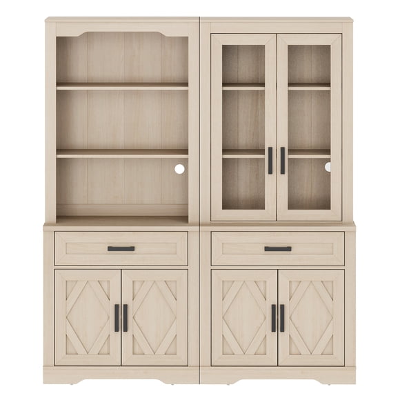 WAMPAT 5-Tier Bookcase with Glass Doors & Storage Shelves, 73.3" Tall Farmhouse Bookshelf for Home Office, Living Room, Kitchen, Pale Oak