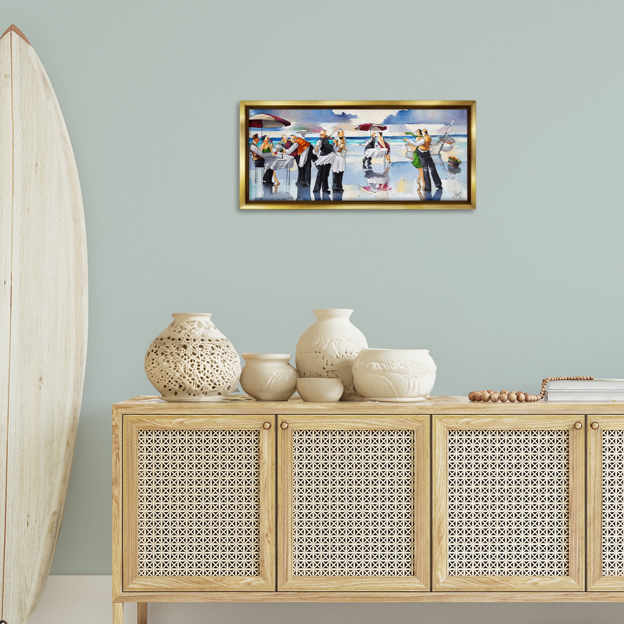 Stupell Industries Fancy Dinner on Beach Novelty Painting Gold Floater Framed Canvas Art Print Wall Art, 31 x 14
