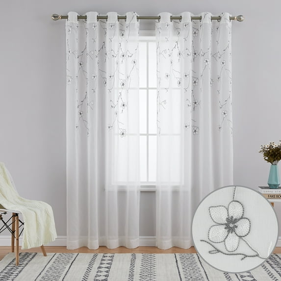 Haperlare 52"W x 84"L Gray White Floral Sheer Curtains Farmhouse Flower Embroidery Voile Semi Sheer Grommet Curtains for Cafe Dining Room, 2 Panels