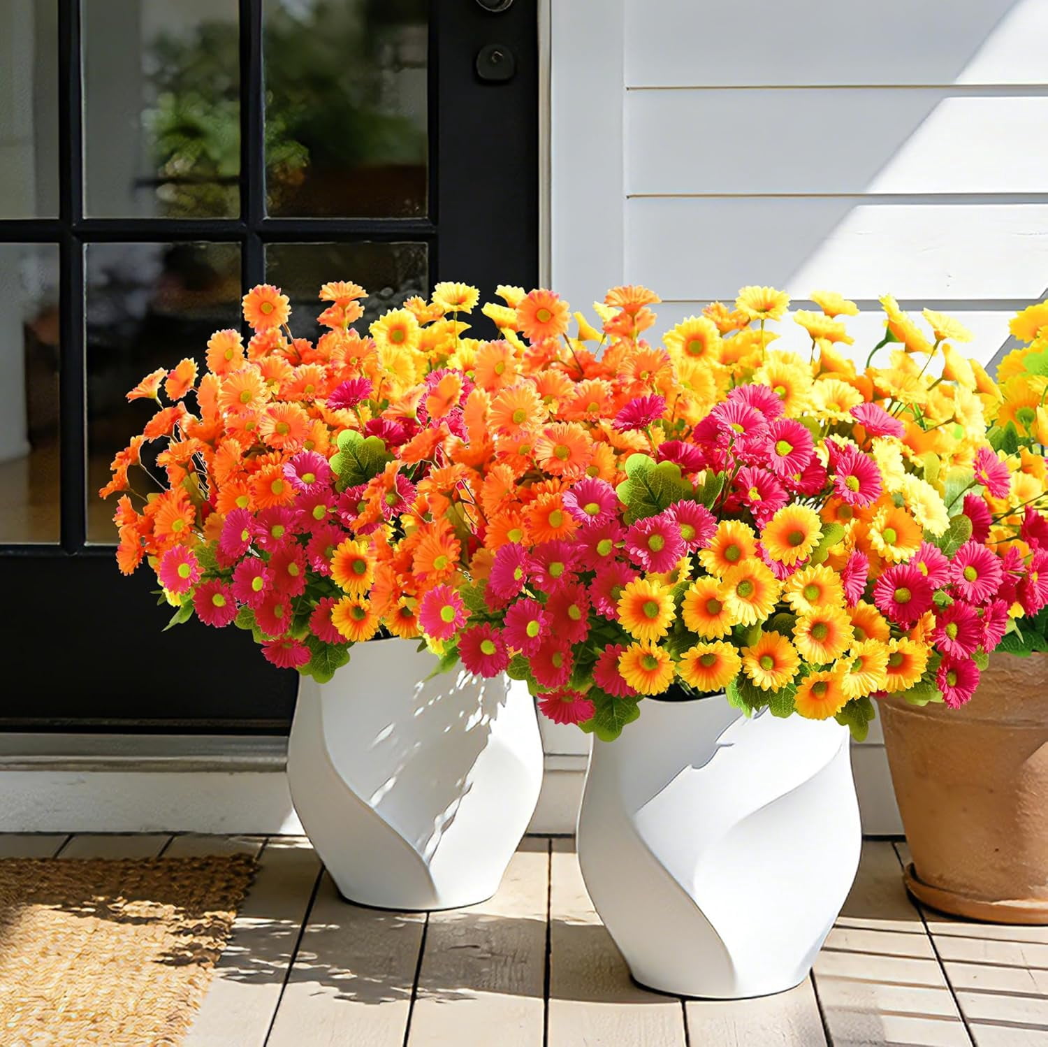 Yastouay 12 Bundles Artificial Mums Flowers for Outdoors, UV Resistant Fake Flowers for Planter, Mix Yellow Outdoor Faux Plants for Garden Balcony Yard Porch