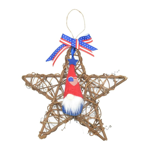 Corona de mimbre tejida a mano con forma de estrella, ideal para el Día de la Independencia de Estados Unidos, con muñeco de gnomo.