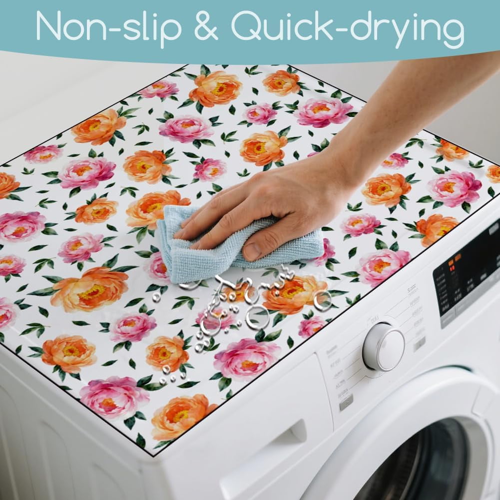 Peony Flower Washer Dryer Dust Cover 23.6×19.69inch Leaves Washing Machine Top Protector Pads Non Slip Washing Machine Top Covers