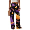 thumbnail image 5 of Halloween Wide Leg Pants for Women, Button Closure Trousers with Gradient Pumpkin & Bat Print, High Waist Loose Fit Streetwear Bottoms with Pockets, 1 Pc Dark Purple L, 5 of 6