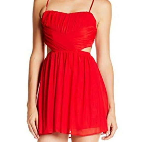 Red Ruched Side Cut-Out Sheer Mini Dress MEDIUM
